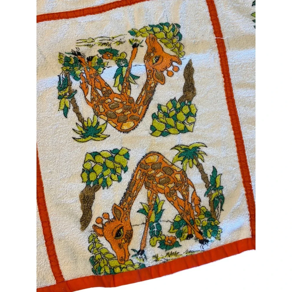 Vintage Safari Animal Terry Cloth Towel Orange Trim Giraffe Zebra Aprox 31x41